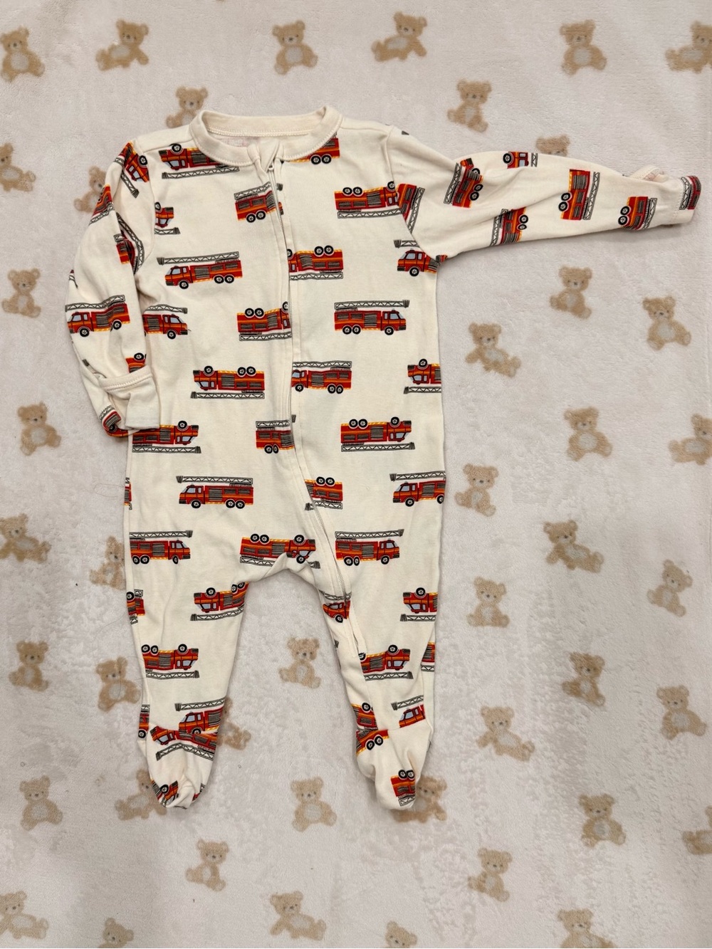 Old Navy Cream Footed One-Piece with Red Fire Truck Print